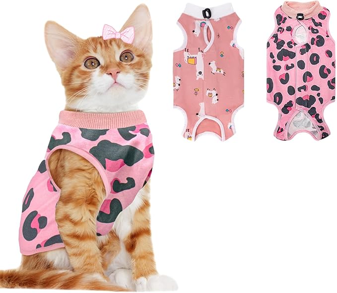 2 PCS Cat Recovery Suit for Spay Abdominal Wounds Cat Onesie for Cats After Surgery Recovery Suit Female Breathable E-Collar Alternative Kitten Onesie Anti Licking Small