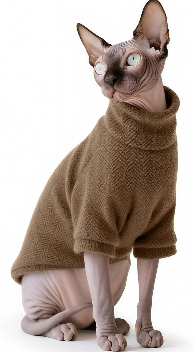 Idepet Sphynx Cat Warm Turtleneck Sweater Hairless Cats Shirt Pullover Kitten T-Shirts Thick Soft Fleece Clothes Cute Outfit Coat Pajamas for Cats and Puppy (Coffee, 3X-Large)