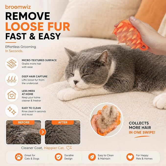 Cat Brush Silicone Pet Grooming Brush for Cats & Dogs, Soft Flexible Deshedding for Removing Loose Fur, Easy to Clean, Waterproof, for Short & Long Hair, Orange White Gray