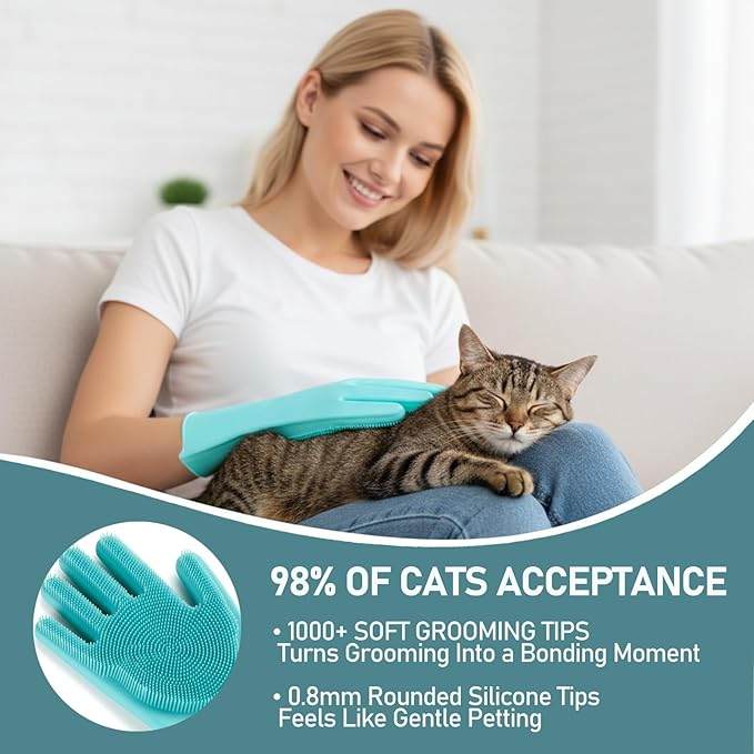 Cat Grooming Gloves for Hair-Removal: Effective at Removing 99% Loose Fur - Keep Home Sofa/Clothes Fur Free Cleaning & Silicone Bristles - Gentle Grooming for Short-long Hair Cats (2 Pack)