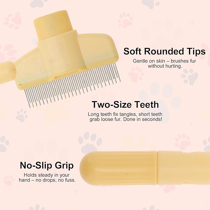 Cat Comb, Pet Hair Removal, Flea Exit, Grooming Brush with Release Button, De-Shedding Brush for Short and Long Hair Yellow