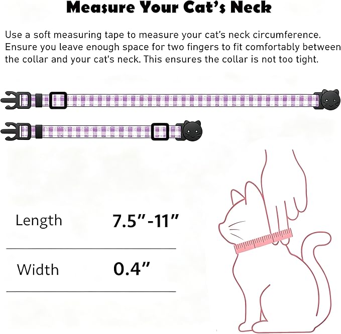2 Pack Cotton Breakaway Cat Collars with Bell and Charms Purple Solid Plaid Safety Collars for Girl Boy Cats, Cat Head and Paw Pendant Cute Kitten Collars
