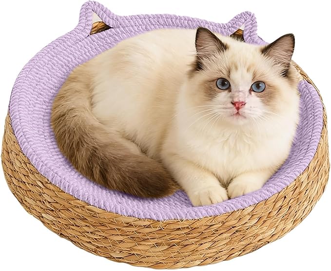 Woven Cat Scratch Bowl - Cotton Rope Round Cat Bed, Kitten Ear Design Scratching Board, Durable Claw Grinding Lounge Toy,