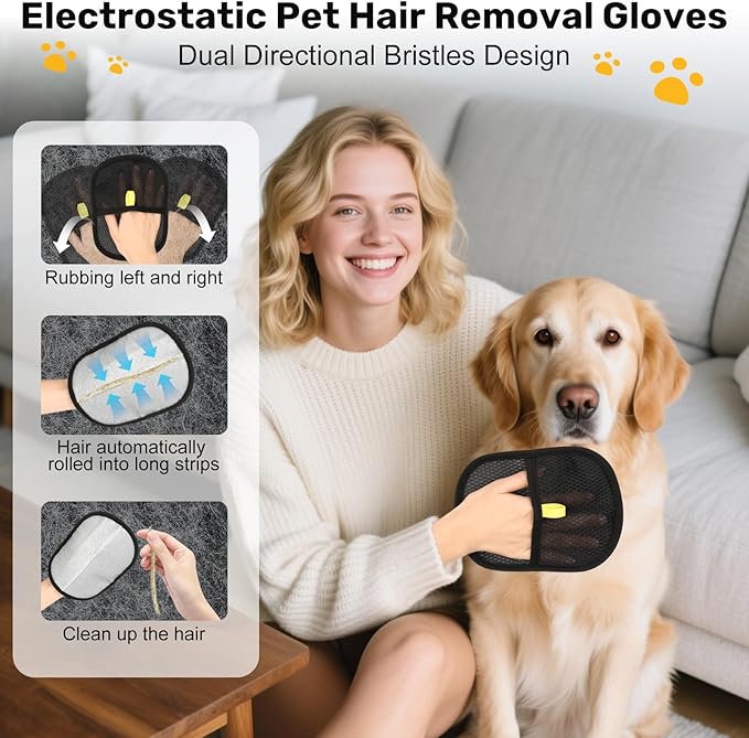 2 Pack Pet Hair Removal Glove for Dogs & Cats, Electrostatic Magic Brush for Pet Hair Removal, Reusable Grooming Glove Remover Tool for Clothing, Couch, Carpet, Car Seats, Furniture