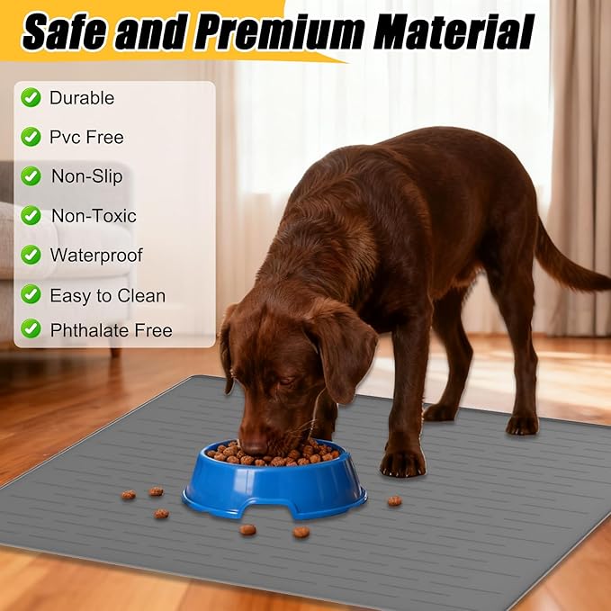1.5MM Super Thick Dog Food Mat, 40"x30" Silicone Dog and Cat Mats for Food and Water Bowls, Waterproof Pet Feeding Mat for Contain Spills Protects Floors, Multiple Colors & Sizes for Pets, Black