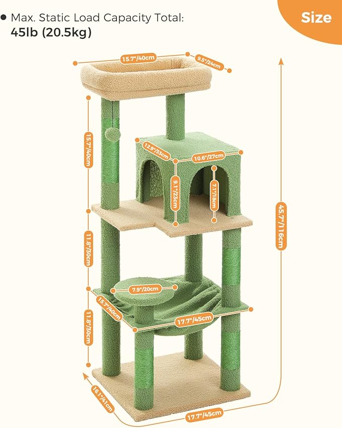 MUTTROS Cactus Cat Tree for Indoor Cats, 45.7" Multi-Level Cat Tower with Large Metal Frame Hammock, Cat Condo with 4 Scratching Posts and Top Perch, Green