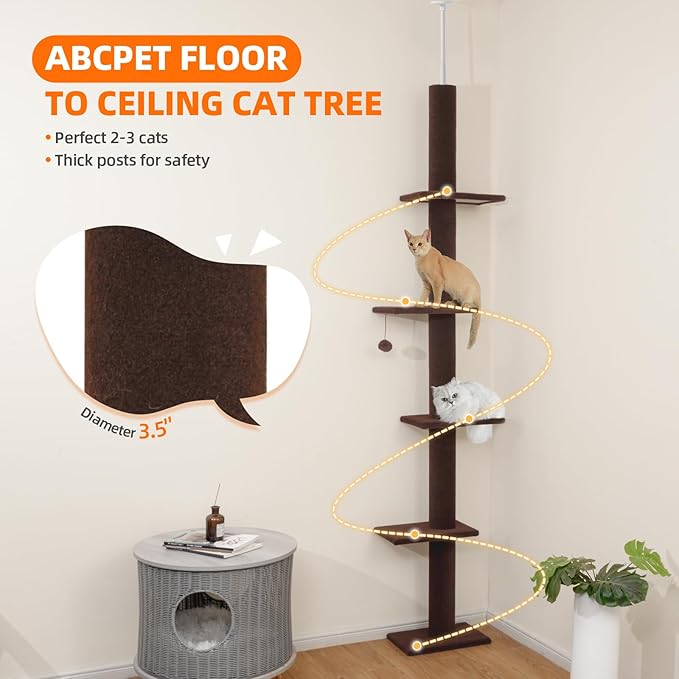 Cat Craft Cat Tree Floor to Ceiling 95-108" Tall Cat Tree Carpet Cat Tower Kitten Tree Sisal Scratching Post and Mat Cat Pole for Indoor Cats, Brown