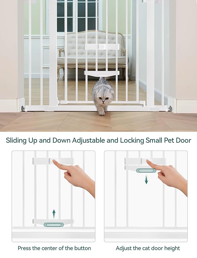 Babelio New Version Baby Gate with Cat Door Adjustable, 29-40" Metal Pet Door for Stairs & Doorways, Pressure Mounted, No Tools Needed, White