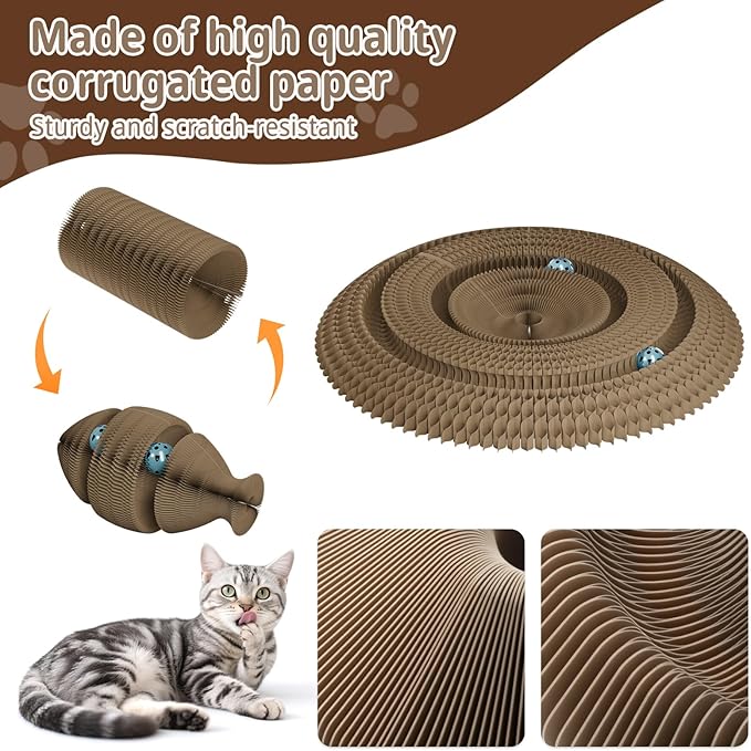 Kitty Curls Magic Organ Cat Scratching Board with 2 Bell Ball,Foldable Accordion Kitty Cat Scratcher,Corrugated Cardboard Scratching Pad,Blue Big Fish