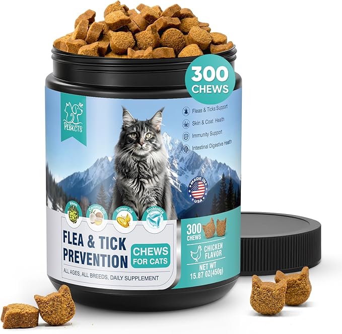 Flea Treatment for Cats 300 Treats Natural Flea and Tick Prevention Supplement for All Cats - Skin & Coat Care, Immune System Boot, Digestive Gut Health, Daily Oral Flea Supplement Chicken Flavor