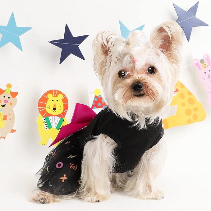 Dog Birthday Outfit: Colorful Alphabet Mesh Dresses, Summer Tutu Princess Pet Puppy Clothing, XS, Black
