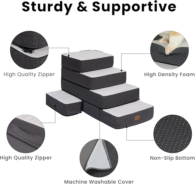 Garnpet 3-Step Adjustable Dog Stairs for Sofa and Couch, Dog Steps for Small Dogs and Cats, Foldable Pet Stairs for Low Bed Climbing, Non-Slip Pet Step Indoor, Grey