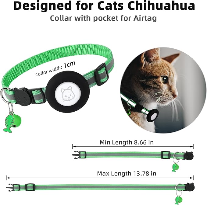 Airtag Cat Collar, Air tag Cat Collar with Bell and Safety Buckle in 3/8" Width, Reflective Collar with Waterproof Airtag Holder Compatible with Apple Airtag for Cat Dog Kitten Puppy (Green)