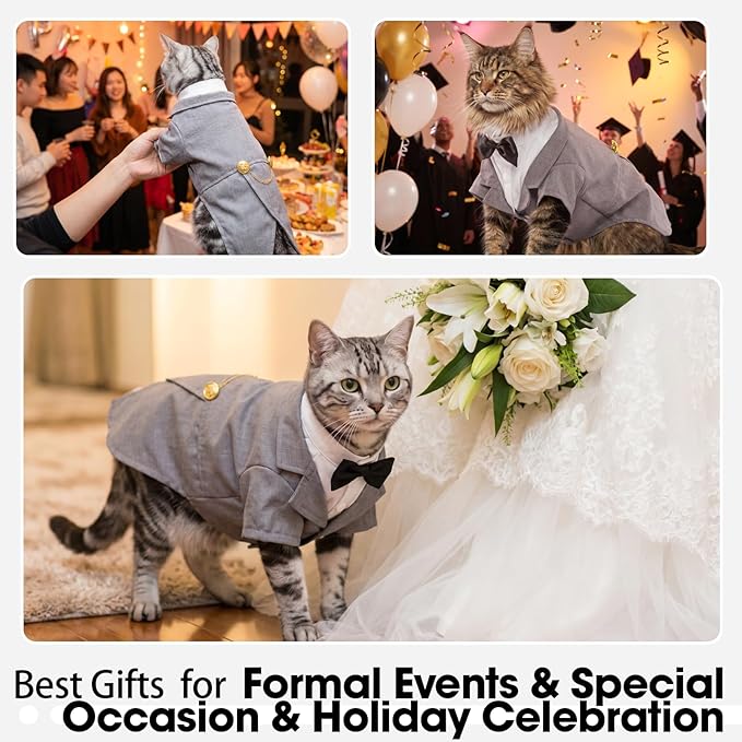 QBLEEV Cat Tuxedo Outfit, Formal Cat Suit Costume with Bow Tie, Sphynx Hairless Clothes for Cats Only, Kitten Wedding Birthday Party Attire Apparel for Male Boy, Cute Small Pet Gentleman Formal Wear