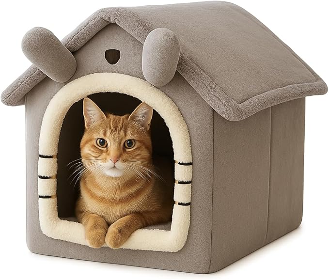 Cat House Bed for Indoor Cats, Covered Plush Cat Cave with Washable Cushion Pillow, Warm Kitten Tent Bed for Small Pets