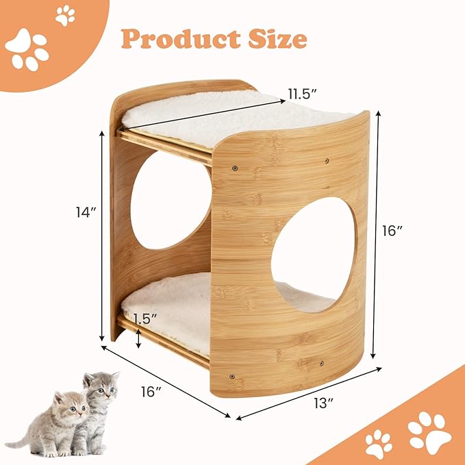 PETSITE 2-Tier Indoor Bamboo Cat Bed, Boho Cat Condo with Double Cat Beds, Removable & Washable Cushions, Minimalist Kitten Bed for Indoor Cats, 16 x 13 x 16 inch