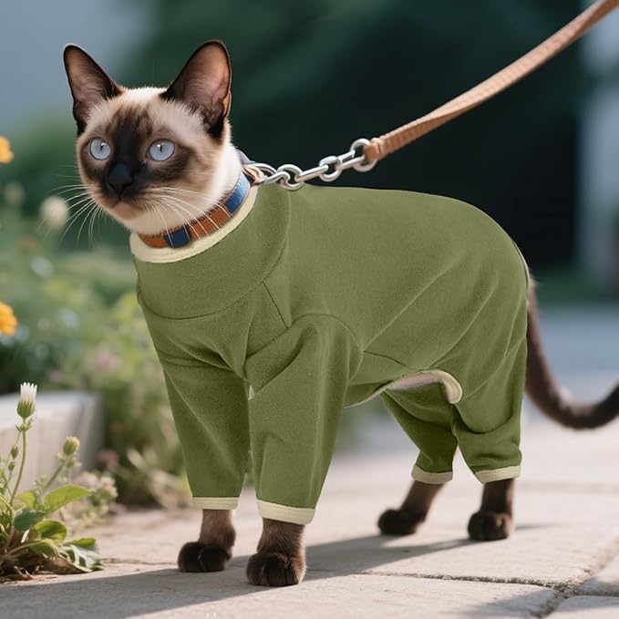 DENTRUN Cat Clothes for Hair Control with Hair Sticky Fabric - Soft Recovery Suit & Breathable Lint-Resistant Cat Sweater for Cats Only, Kitten Onesie Pajamas, XXL, Army Green
