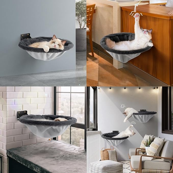 JUNSPOW Cat Hammock Wall Mounted, Foldable & Stable Cat Beds- Breathable Cats Wall Shelves for Sleeping, Playing, Climbing, and Lounging - Maximum Hold Up to 30lb（Gray,Faux Rabbit Fur）
