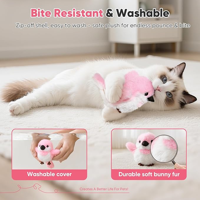 Petbobi Flappy Bird Cat Toy - Realistic Interactive Cat Toy with Sparrow Bird Chirp Tweet Flapping Wings (Non-Flying Design), Rechargeable Motion-Activated Catnip Toys for All Breeds Kittens, Pink
