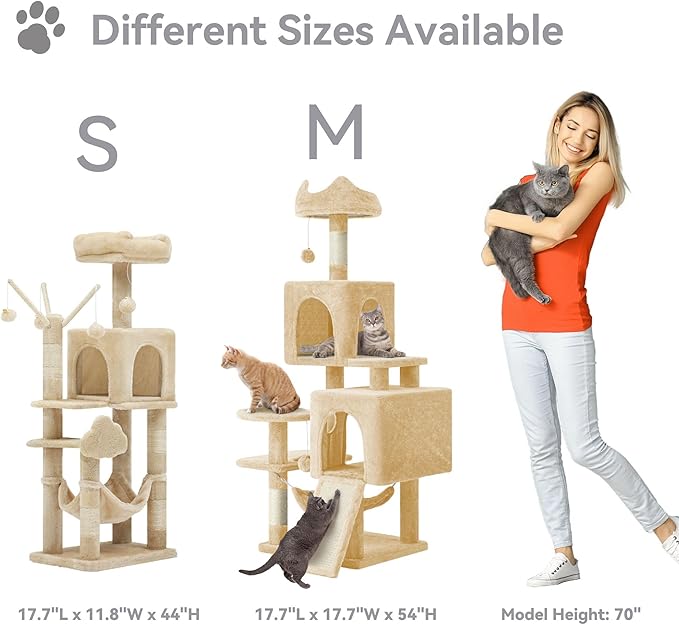 YITAHOME 44in Multi-Level Cat Tree for Indoor Kittens, Cat Furniture with Scratch Posts, Window Padded Plush Perch, Comfortable Hammock, and Interactive Pompoms, Beige