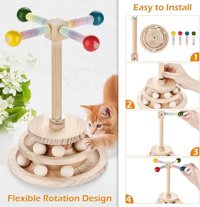 Wooden cat Toy Interactive Turntable with Spinning Ball and teapot Stick, Multi-Level cat Track Ball Toy Suitable for Kittens and Adult Cats, cat Sports Puzzle Toy