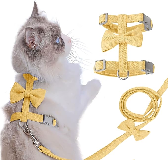 Cat Leash, Cat Harness and Leash Ddzmz Soft Mesh Breathable Adjustable Cat Vest Pets Harnesses for Walking Escape Proof Yellow Color L Size for Pets Cats Kitten Puppy Rabbit Ferret (1-Pack)