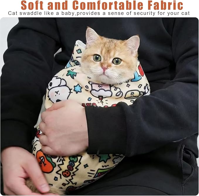 Cat Wrap for Cutting Nails, Self-Adhesive Cat Grooming Wrap Anti-Escape Anti-Scratch Calming Cat Swaddle Wrap for Nail Clipping, Medicine, Ear Cleaning, Multifuctional Pet Tool for Cat-Owner, Vet