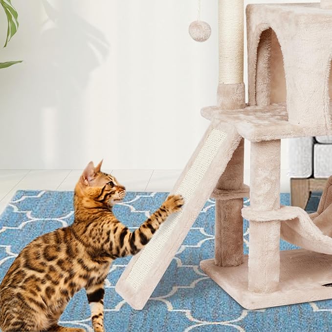 Cute Cat Tree Tower for Indoor Cat Tower with Scratching Post Modern Activity House Hammock Hanging Ball Condo with Board Beige