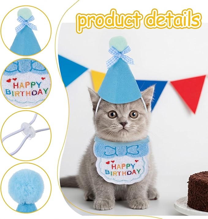 Tyqour Cat Birthday Hat Birthday Hats for Stuffed Animals Dog Party Hat Birthday Party Decorations Set for Small Medium Cats & Dogs (Blue)