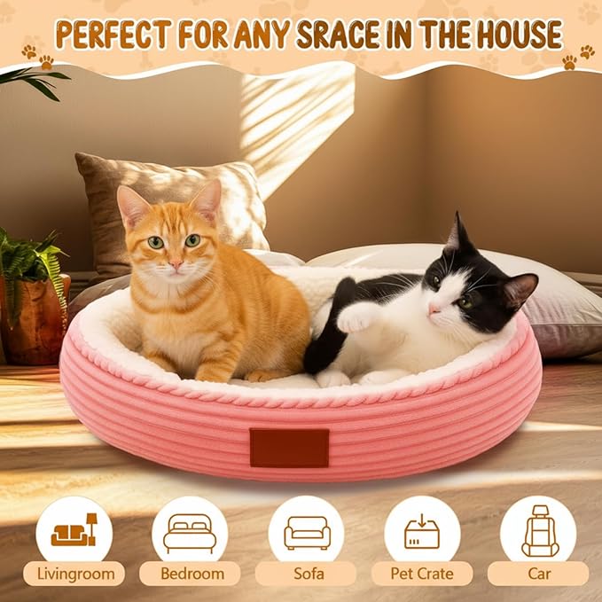 2 Pack Cat Beds for Indoor Cats 20 Inches Washable Round Donut Pet Bed Cushion Self Warming for Cats, Small Dogs, Puppy, and Kitten(Pink, White)