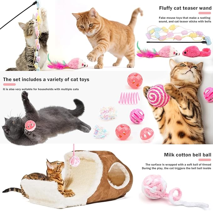 QUOZUO 16Pcs Cat Toy Set Pink Kitten Toys Pack Including Feather Teaser Interactive Wand Cat Springs Mice Crinkle Balls and Pet Bell Balls Toys for Bored Indoor Cats, Gift Box Styles (Pink)