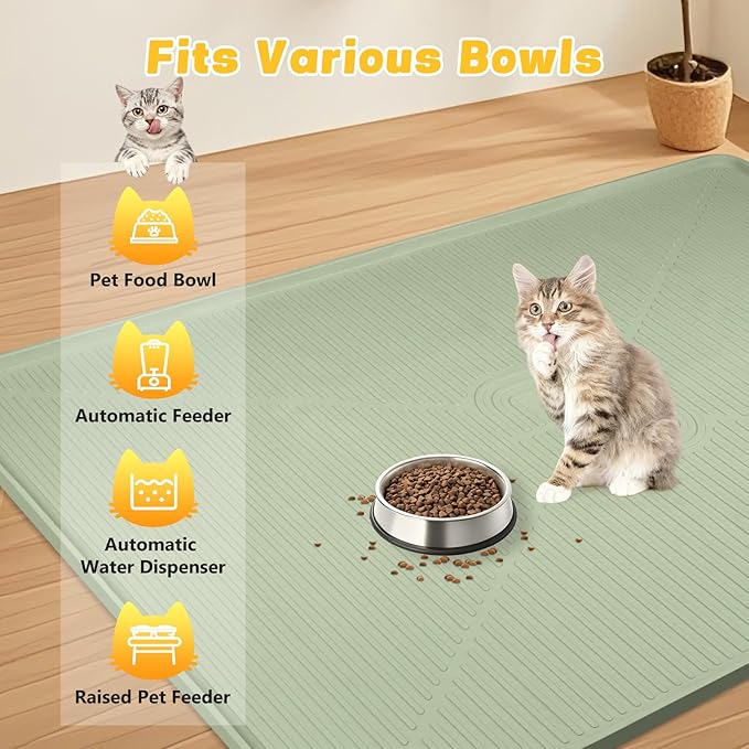 Lorvain 45" x 30" Cat Food Mat, Extra Large Silicone Pet Feeding Mat with Raised Edges, Pet Placemat for Cat Dog Food and Water Bowl Waterproof, Non-Slip, Easy to Clean, Floor Protection, Green