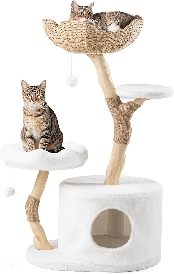 AQUILLA 42.5" Multi-Level Cat Tree Tower – Cozy Cat Condo, Woven Seagrass Basket, Sisal Scratching Posts, Indoor Playground for Cats, White