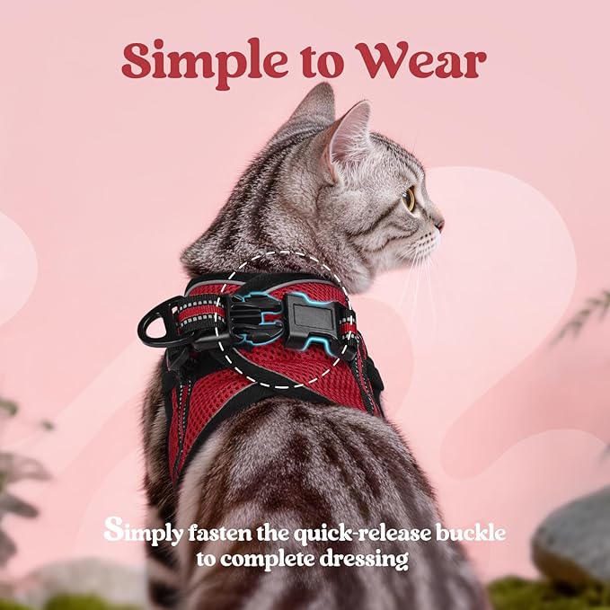 rabbitgoo Cat Harness and Leash Set for Walking Escape Proof, Adjustable Soft Kittens Vest with Reflective Strip for Cats, Comfortable Outdoor Vest, Red, S
