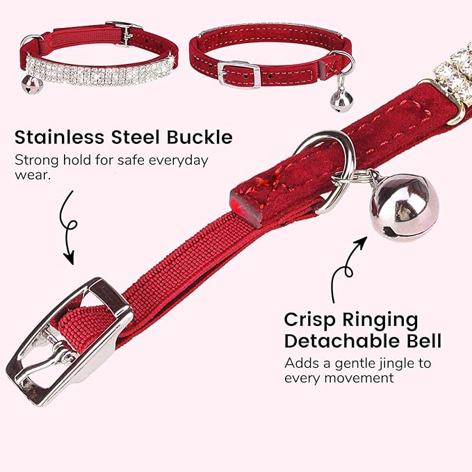 BINGPET Diamond Cat Collar with Bell, Adjustable Soft Velvet Bling Rhinestone Cat Collar, Sparkly Kitten Collar with Safety Elastic & Metal Buckle for Small Medium Cats