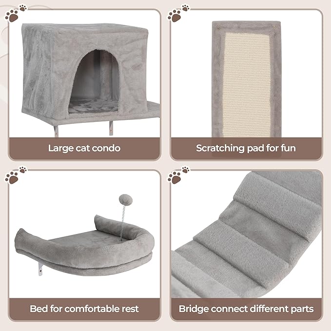 COZIWOW 8-in-1 Cat Wall Furniture Set – Wall Mounted Cat Climbing Wall Shelves with Tree, Perch, Scratching Post and Bridge for Large Cats (Gray)