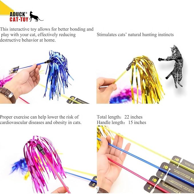 ADUCK Interactive Cat Wand Toy for Indoor Cats, 22-Inch Tassel Teaser Kitten Toy for Exercise and Play, Durable PE Wand Chaser Without Loose Parts (1 Pack, Random Color)