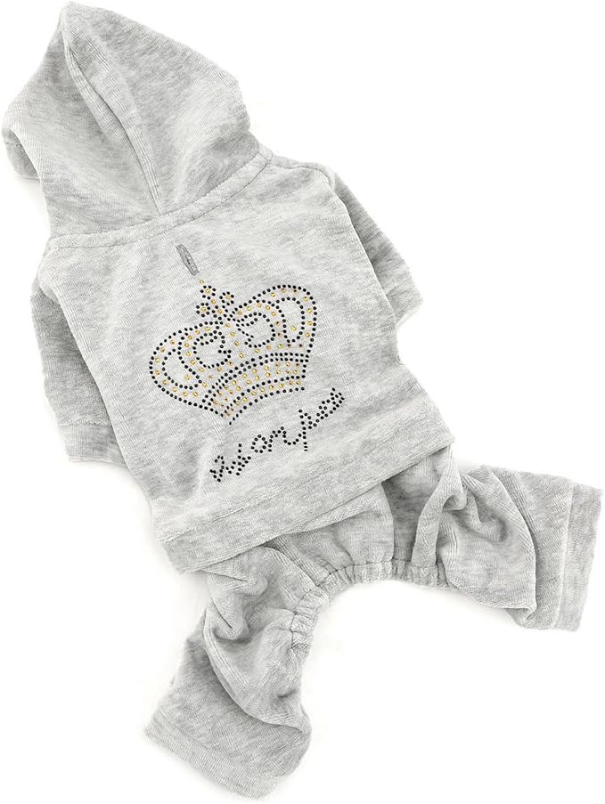 Girl Dog Clothes for Small Dogs Cute Doggie Outfits Rhinestone Crown Stretchy Puppy Pajamas Soft Velvet Hoodie 4 Legged Jumpsuit Lightweight Pet Tracksuit Cat Apparel Leash Hole