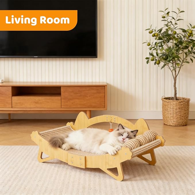 TIMIEEYA Cat Scratcher Bed, 3-in-1 Cat Scratching Pad with Hammock & Ball, Natural Sisal with Solid Wood Frame Cat Scratch Post for Indoor Cats Lounger & Sleep & Scratch