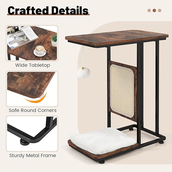 Tangkula Cat Tree and End Table, 4-in-1 Cat Coffee Table, C-Shaped Cat Small Side Table with Sisal Scratching Mat, Removable Washable Cushion, Modern Cat Furniture for Living Room, Bedroom
