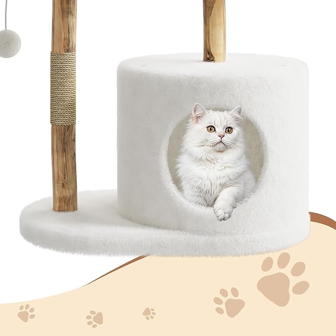 Modern Real Wood Cat Tree Tower, Multi-Level Cat Condo with Natural Wicker Basket, Scratching Posts & Dangling Balls, Tall Climbing Trees Pet Furniture with Platforms for Large Cats, One Branch