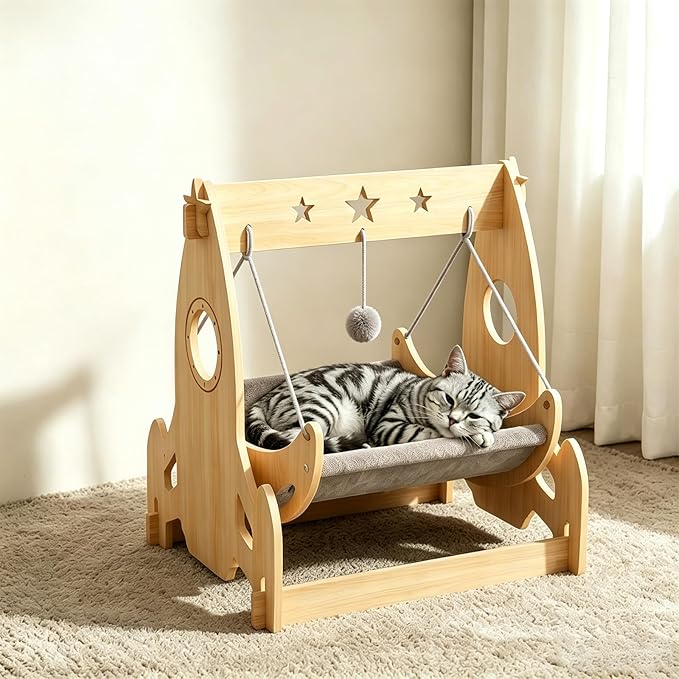 Cat Hammock Bed with Summer Linen & Winter Plush Dual Mats, Hanging Toy, Sturdy Wood Frame for Indoor Cats Small Dogs, 21.6" L x 18.9" W x 23.6" H