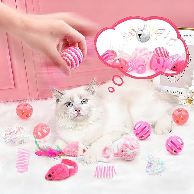 QUOZUO 16Pcs Cat Toy Set Pink Kitten Toys Pack Including Feather Teaser Interactive Wand Cat Springs Mice Crinkle Balls and Pet Bell Balls Toys for Bored Indoor Cats, Gift Box Styles (Pink)