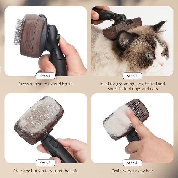 Self-Cleaning Pet Brush for Dogs & Cats - One-Button Hair Removal, Anti-Tangle Grooming Tool for Long & Short Fur