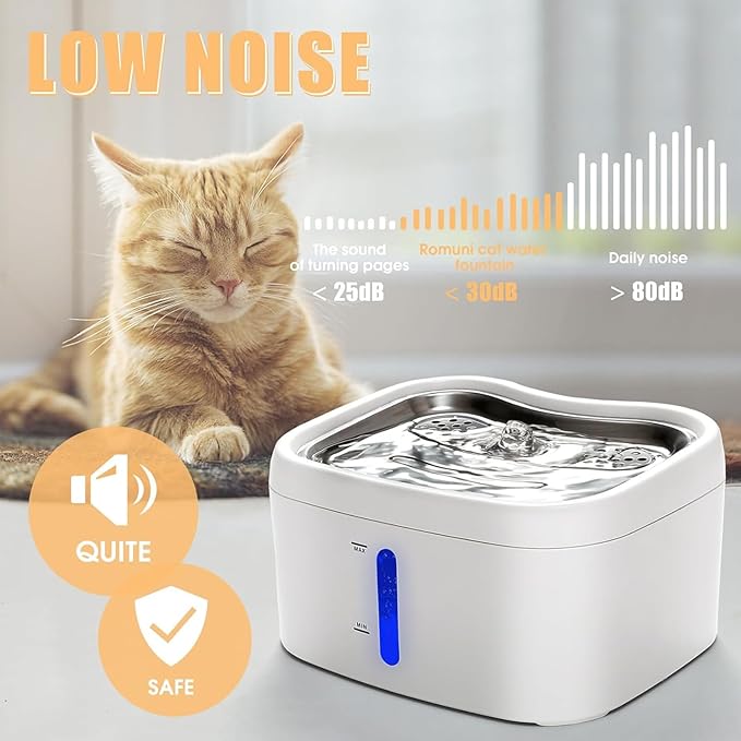 Brrnoo Cat Water Fountain Stainless Steel - 87oz/2.5L Pet Drinking Fountain for Cats Indoor - Automatic Cat Watering Dispenser Bowl with Water Level Window - Quiet for Cats & Dogs (A)