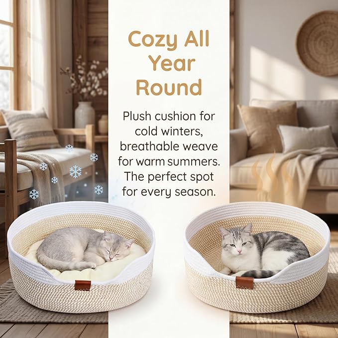 Cat Basket with Cushion, 20 Inch Cotton Rope Pet Sleeping Bed, Versatile Cozy Kitten Nesting Basket Dog Toy Organizer for Medium Large Pet, All Season Universal