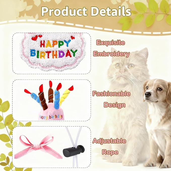 Dog Birthday Cake Hat & Bandana Scarfs Set Pink, Cute Dog Happy Birthday Hat Pet Cap Headwear Hat with 5 Colorful Candles, Cat Birthday Party Supplies Decorations (Pink)