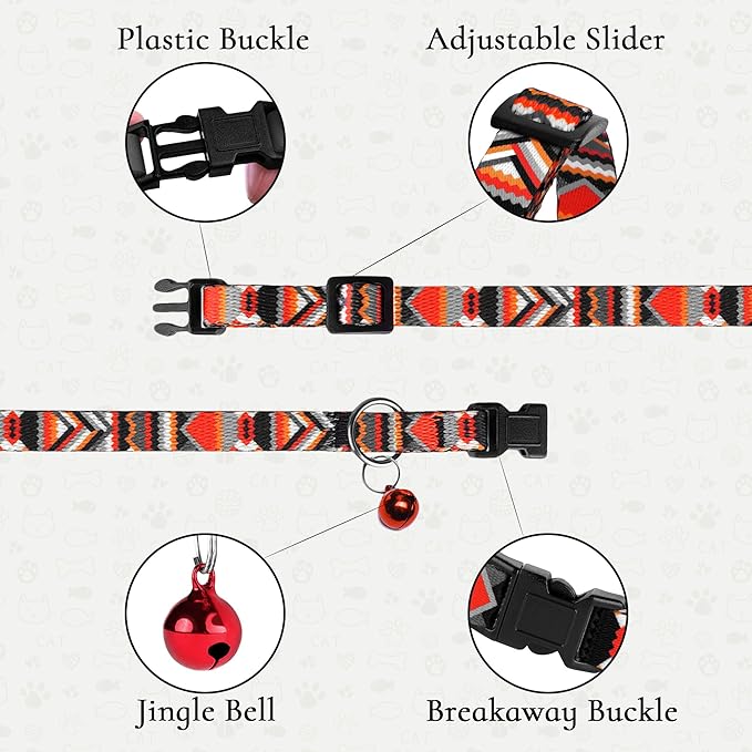 2 Pack Cat Collars with Bell - Breakaway Soft Collar for Girl & Boy Cats, Adjustable Safety Cute Kitten Collars – Comfortable Stylish Patterned Print Design Lightweight (Geometric + Boho)