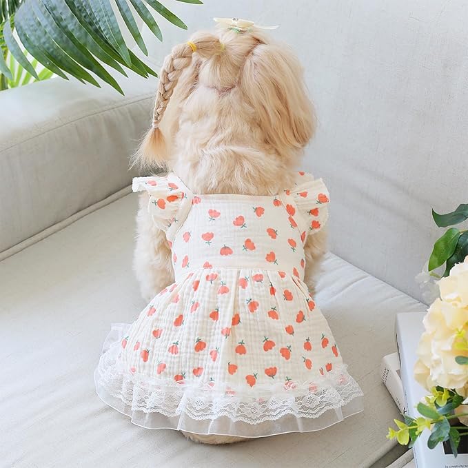 1 PC Adorable Flower Pattern Ruffle Trim Dog Cat Dress Princess Style Lace Trim Summer Outfit for Small to Medium Pets Yellow Pet Apparel for Kittens and Puppies M