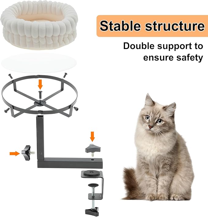 Cat Desk Bed, 360° Rotating and Adjustable Pet Bed, with Soft Mat, Stylish Indoor Cat Nest for Workstations and Game Tables, Brown